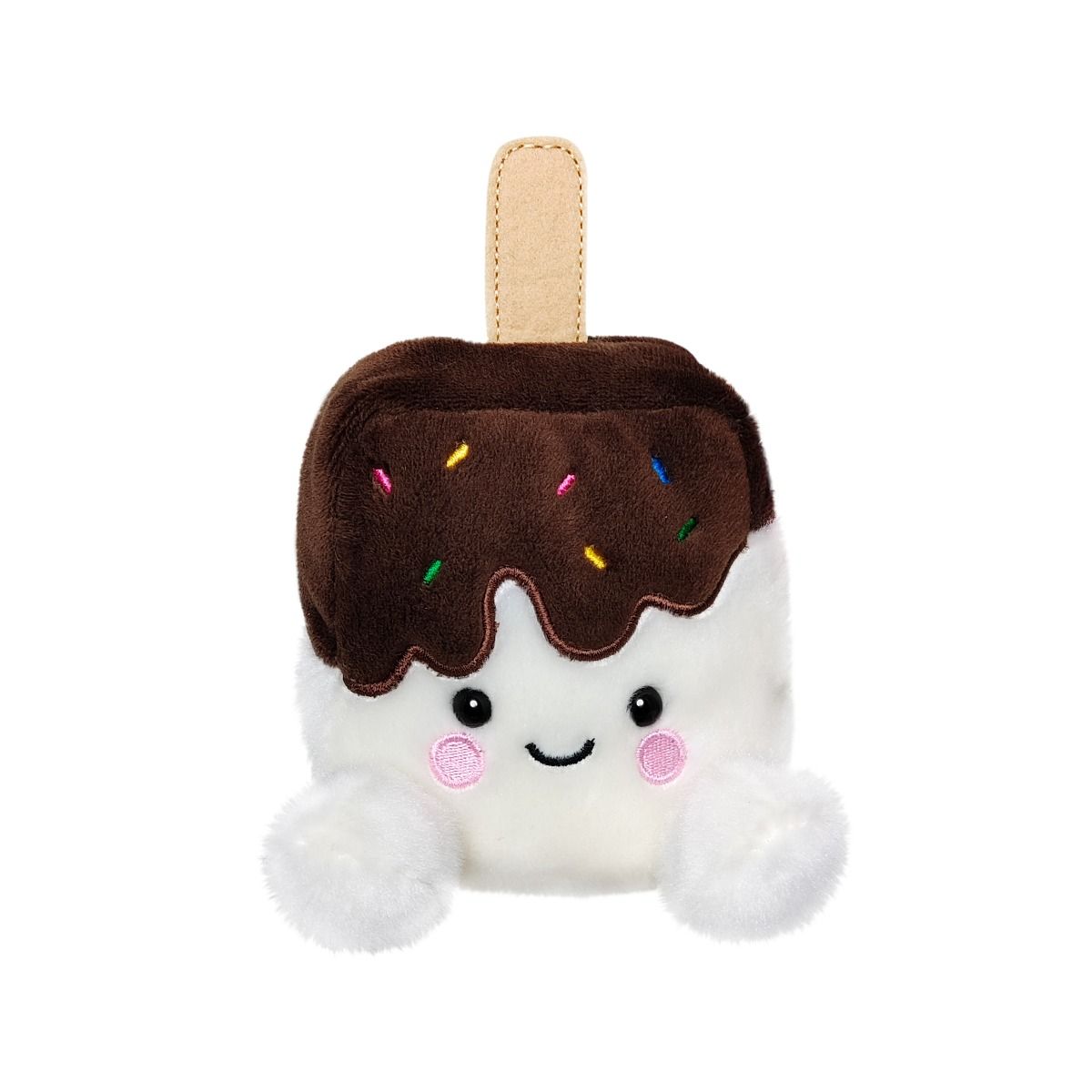 Plush toy shaped like a chocolate-covered ice cream bar with a smiling face on a white background