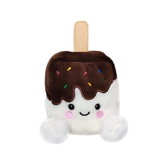 Plush toy shaped like a chocolate-covered ice cream bar with a smiling face on a white background