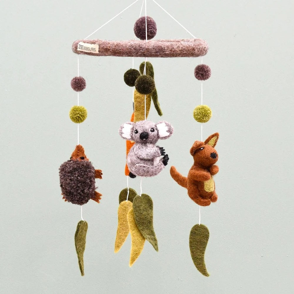 Felted animal mobile with koala, kangaroo, and hedgehog on a light gray background