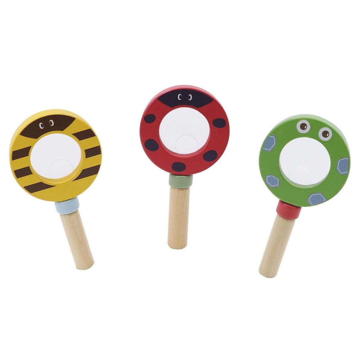 Three colorful wooden rattles with insect designs on a white background