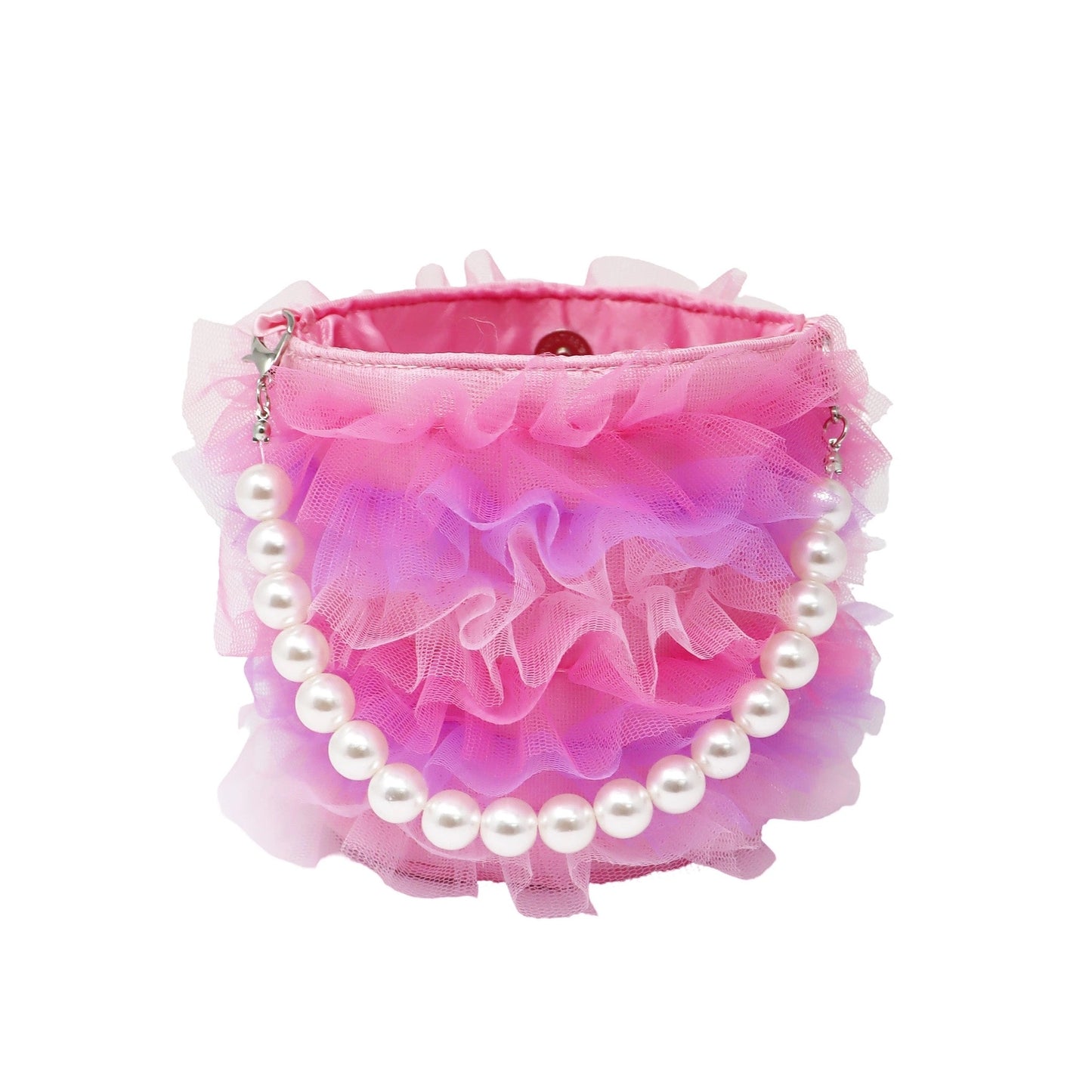 A pink ruffled tulle purse with a white faux-pearl beaded handle and silver-tone chain details, shown on a plain white background.