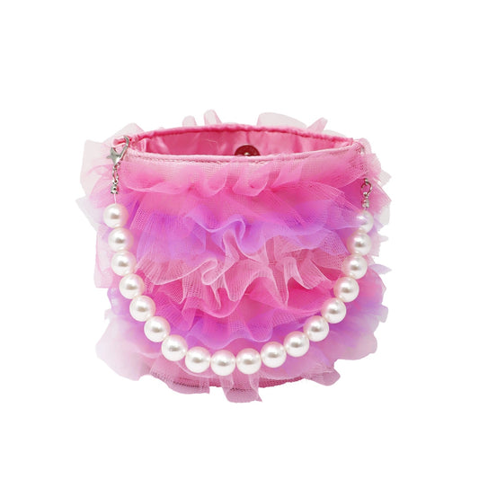 A pink ruffled tulle purse with a white faux-pearl beaded handle and silver-tone chain details, shown on a plain white background.