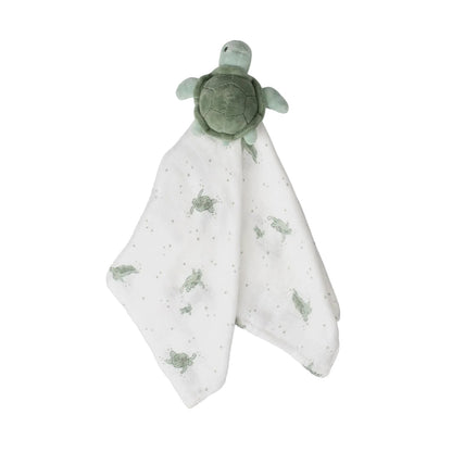 Turtle-shaped toy with a matching blanket on a light gray background