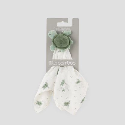 Turtle-shaped toy with a white blanket featuring green star patterns, branded 'little bamboo', on a gray background.