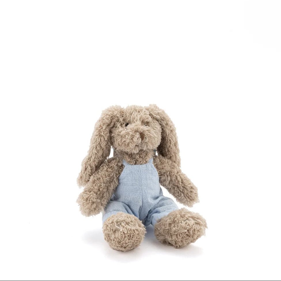 Stuffed toy rabbit in a blue outfit on a white background