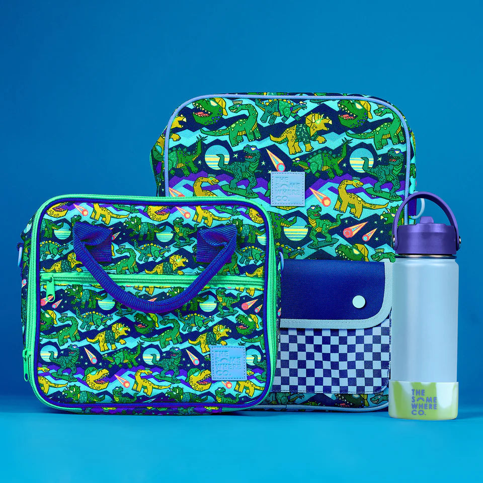 Set of bags and a water bottle with dinosaur pattern on a blue background