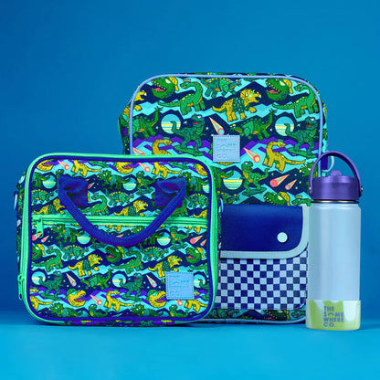 Set of bags and a water bottle with dinosaur pattern on a blue background