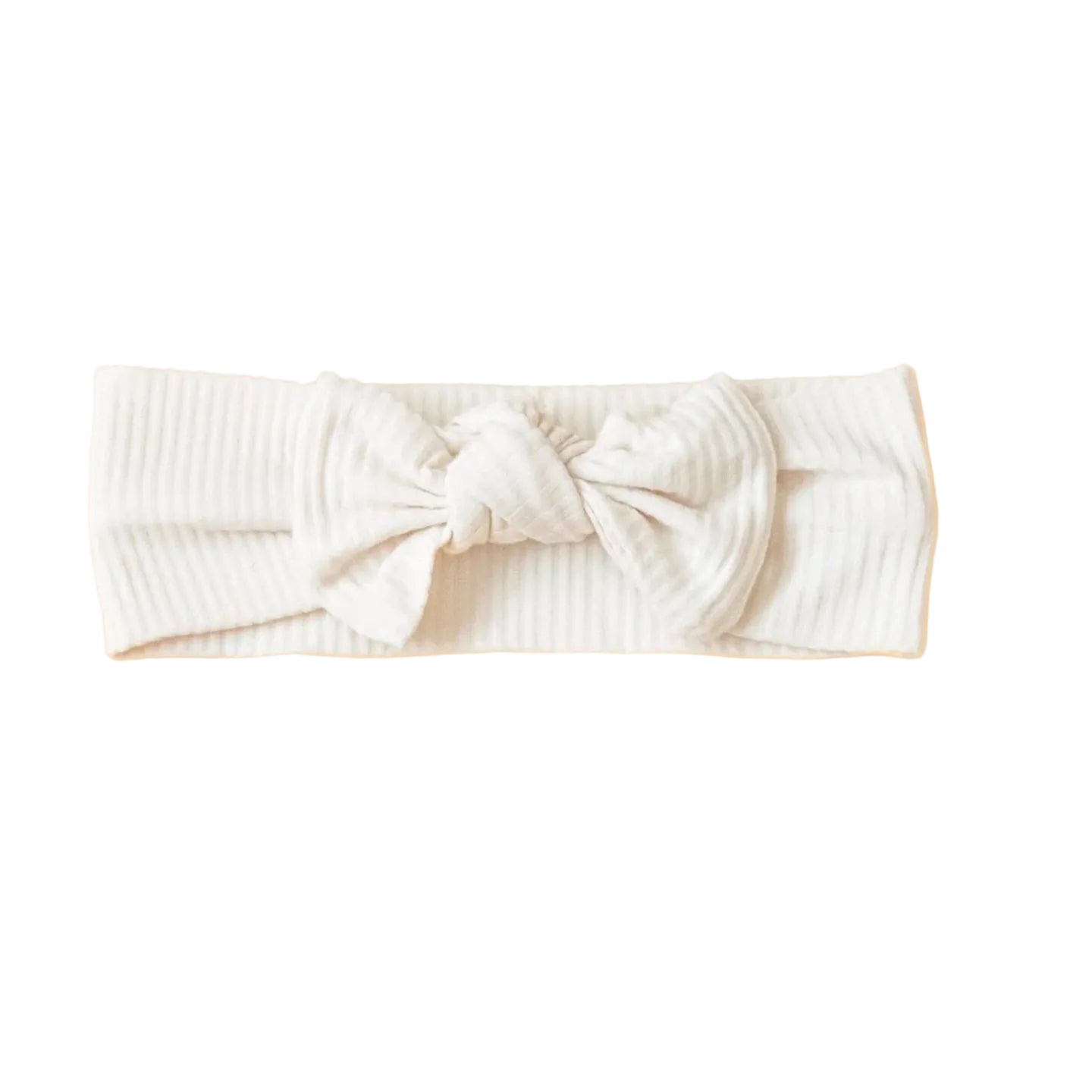 White ribbed headband with a bow on a beige background