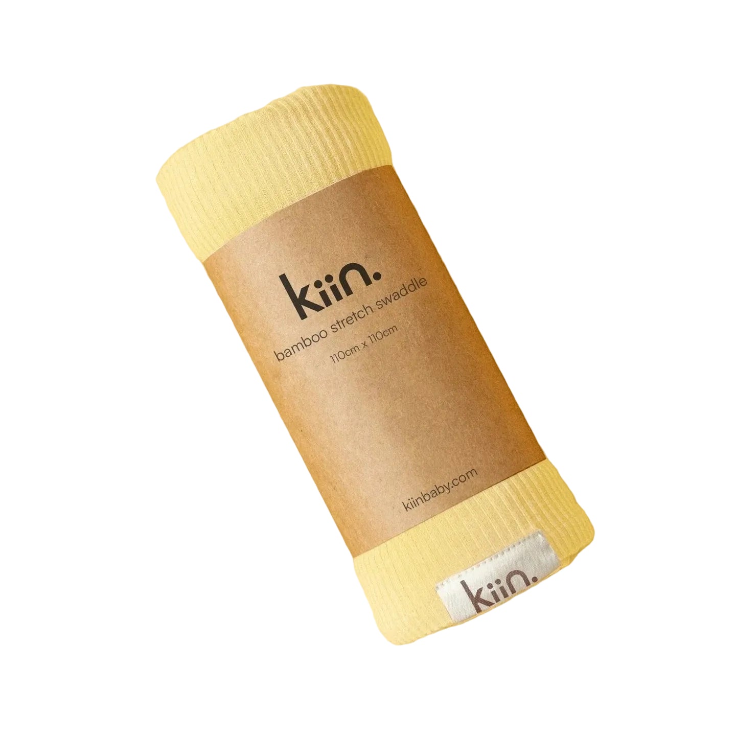 Yellow bamboo product with brown label on a yellow textured background