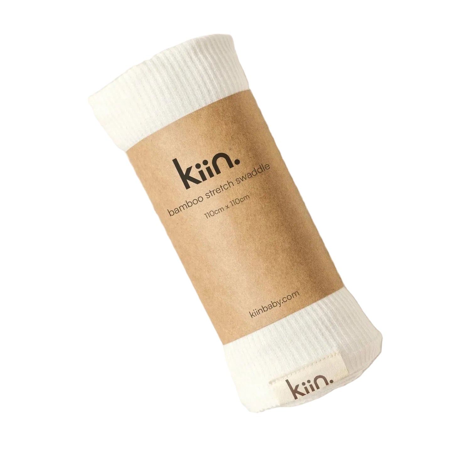 White baby swaddle with 'kiin' branding on a textured beige background