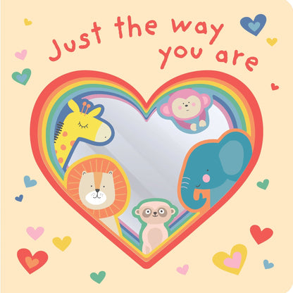 Children's book cover with cartoon animals inside a heart and rainbow, surrounded by colorful hearts on a beige background.