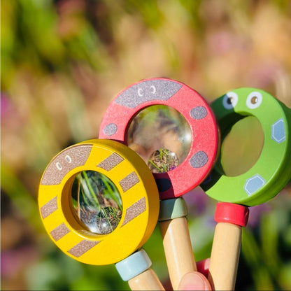 Three colorful magnifying glasses held together with a blurred natural background