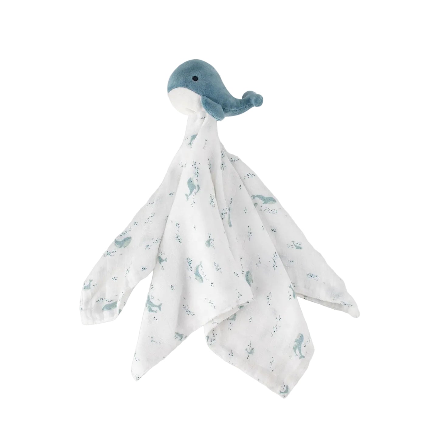 Whale-shaped toy with a swaddle blanket on a light gray background