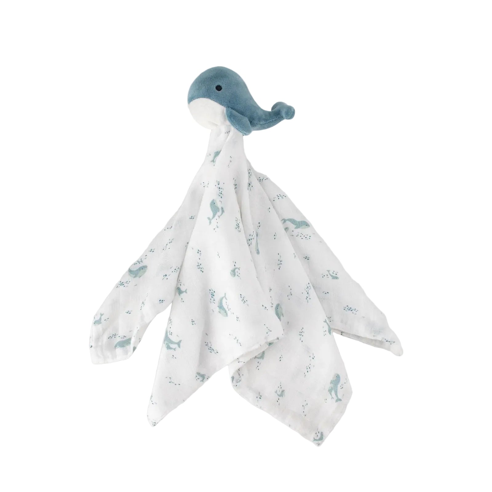 Whale-shaped toy with a swaddle blanket on a light gray background