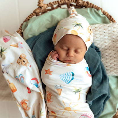 Snuggle Hunny Jersey Wrap and Beanie Set - Beach Fun