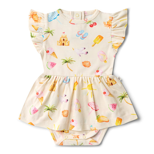Baby romper with colorful summer-themed print on a white background