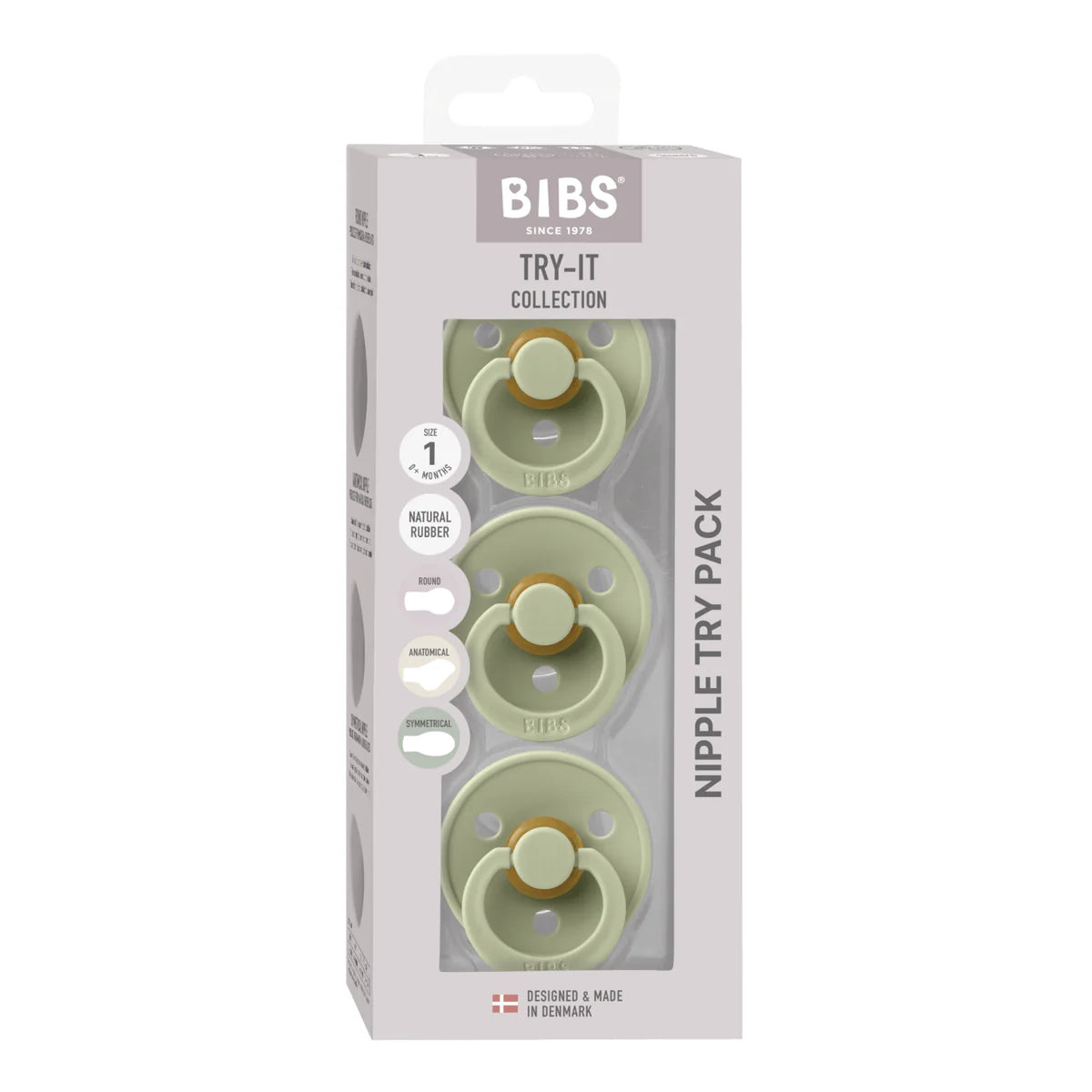 Packaging of BIBS nipple try pack with green and gold nipples on a white background