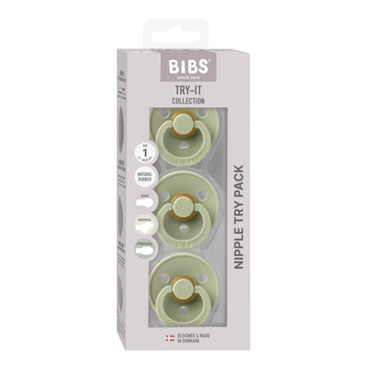 Packaging of BIBS nipple try pack with green and gold nipples on a white background