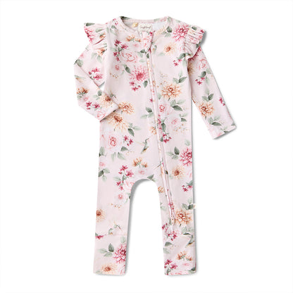 Floral baby onesie with ruffled shoulders on a white background