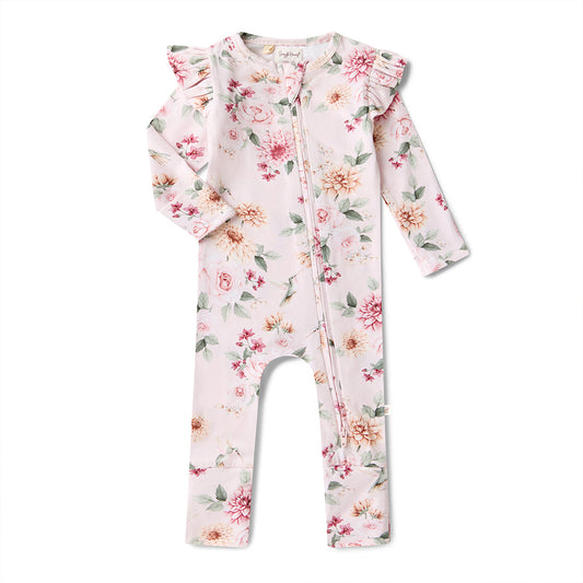 Floral baby onesie with ruffled shoulders on a white background