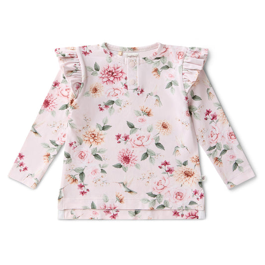 Floral-patterned long-sleeve top on a white background