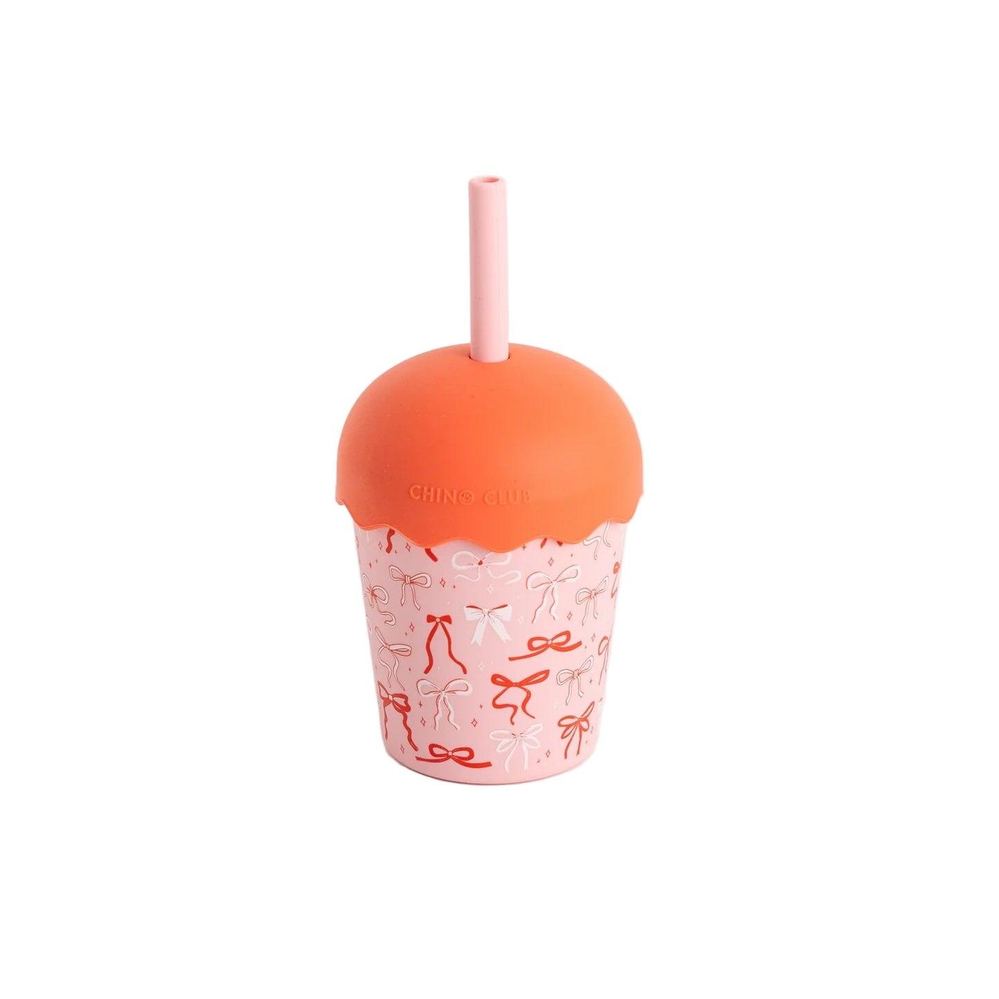 Pink tumbler with orange lid and straw on a white background