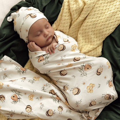 SNUGGLE HUNNY | JERSEY WRAP AND BEANIE SET | BUMBLEBEES