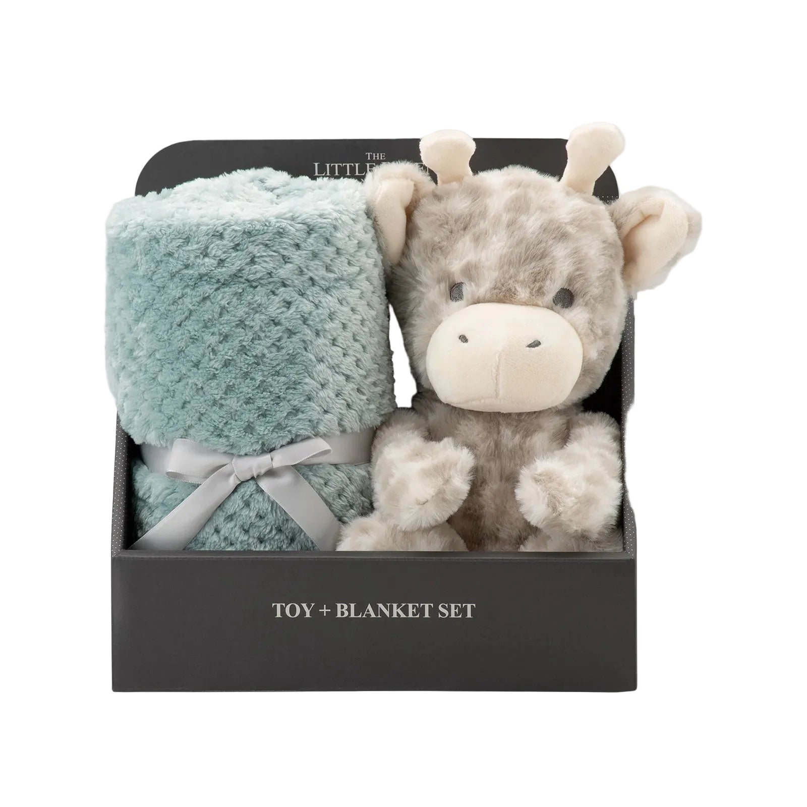 Toy and blanket set with a plush toy and baby blanket in a box on a light gray background