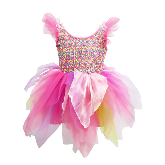 A children's sequined tutu dress in bright pink, featuring a multicolor sequined bodice, ruffled pink shoulder straps, and a layered tulle skirt in shades of pink, purple, and pale yellow, shown on a plain white background.