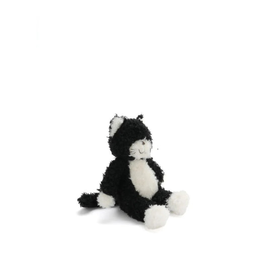 Black and white plush cat toy on a white background