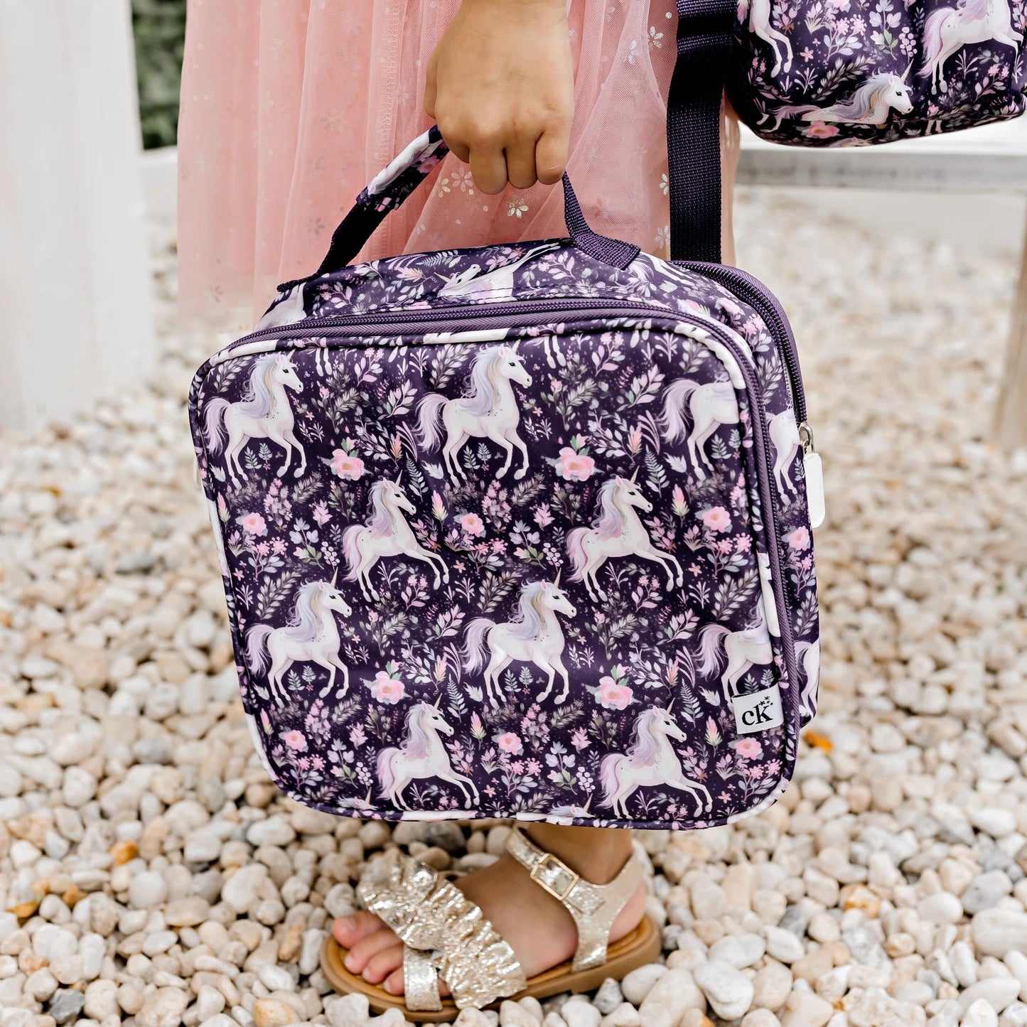 Person holding a purple lunch bag with horse pattern on pebbles