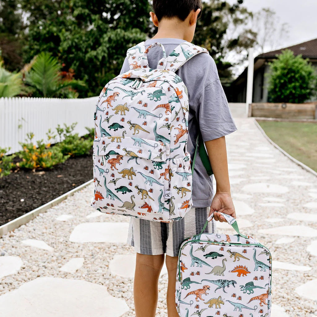 Child holding a dinosaur-patterned backpack and suitcase on a pebbled path.