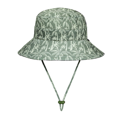 Green bucket hat with leaf pattern on a white background
