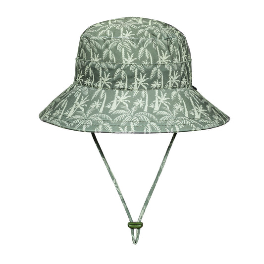 Green bucket hat with leaf pattern on a white background
