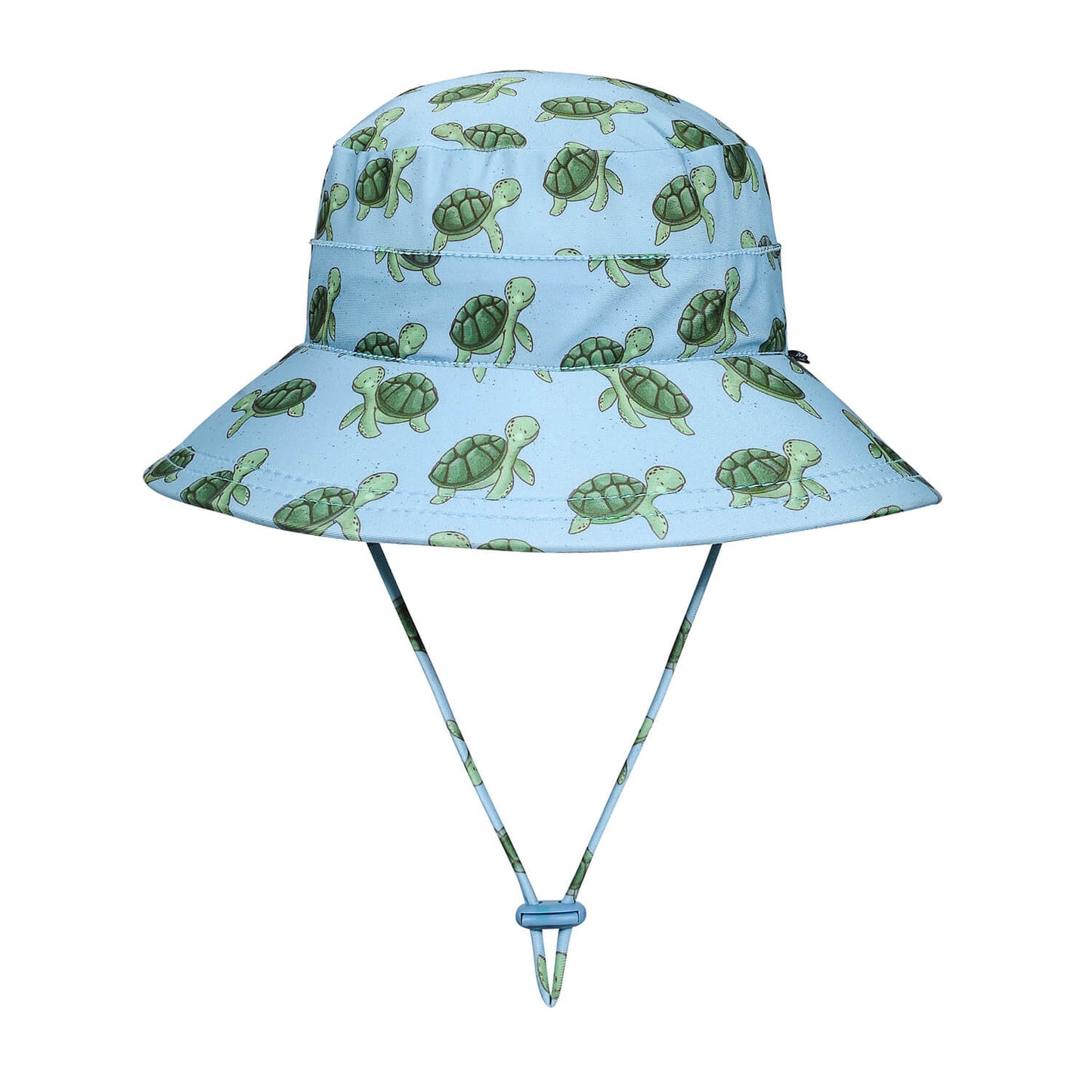 Children's sun hat with turtle pattern on a light blue background