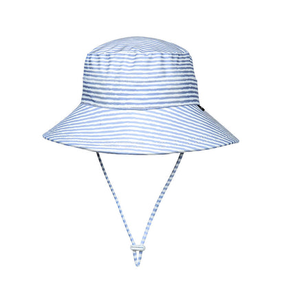 Blue and white striped bucket hat with chin strap on a white background
