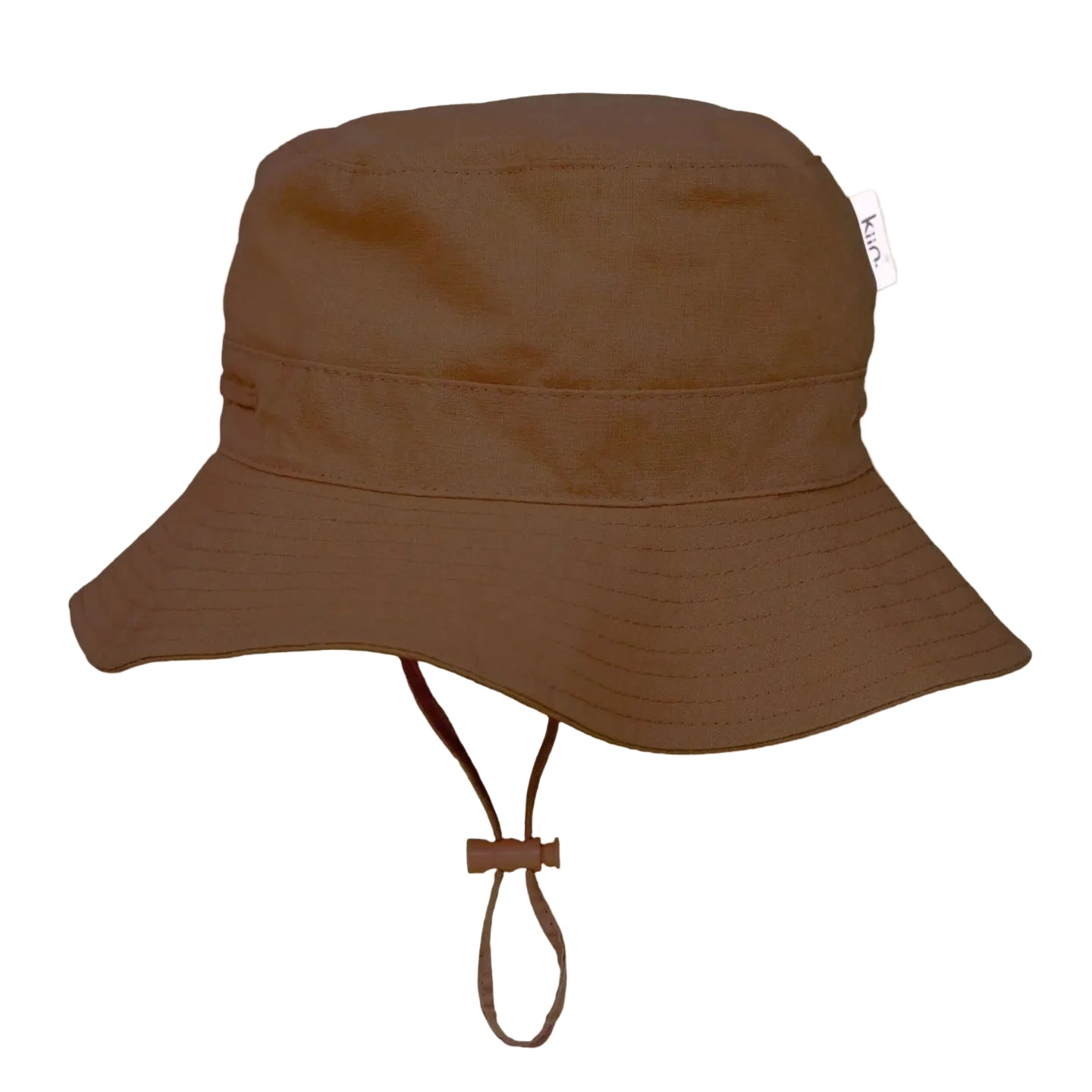 Brown bucket hat with a strap on a beige background