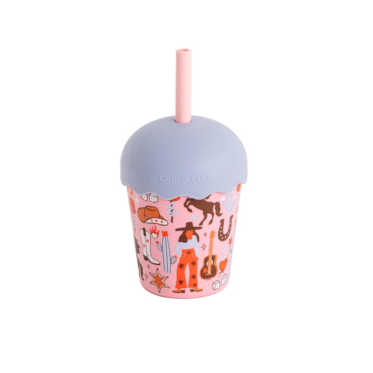 Pink tumbler with animal pattern and purple lid on a white background