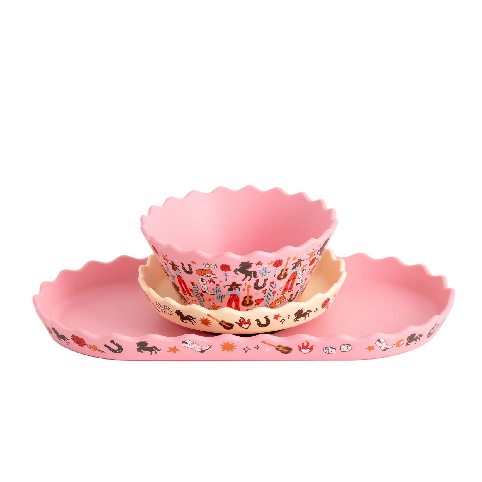 Set of pink children's bowls and plates with cartoon designs on a white background