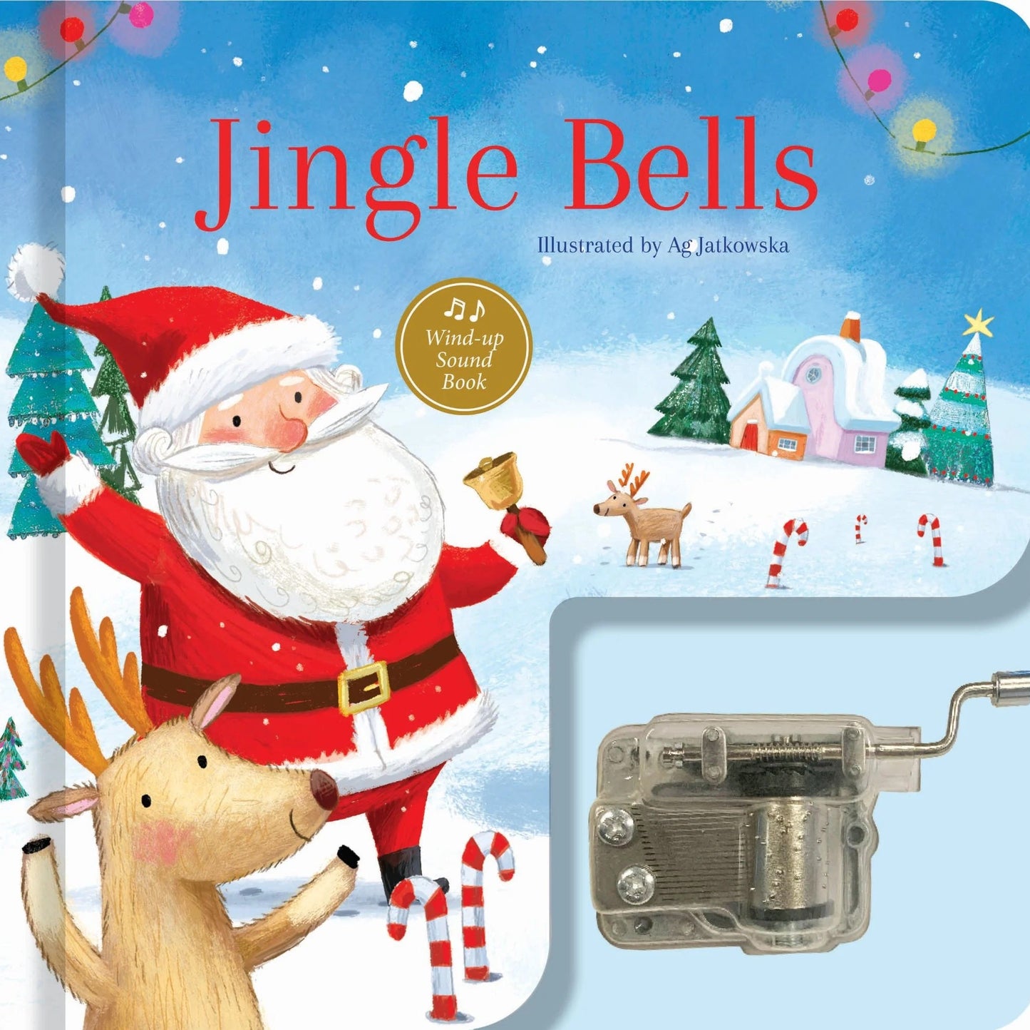 Book cover of 'Jingle Bells' with Santa Claus and reindeer, featuring a wind-up mechanism.