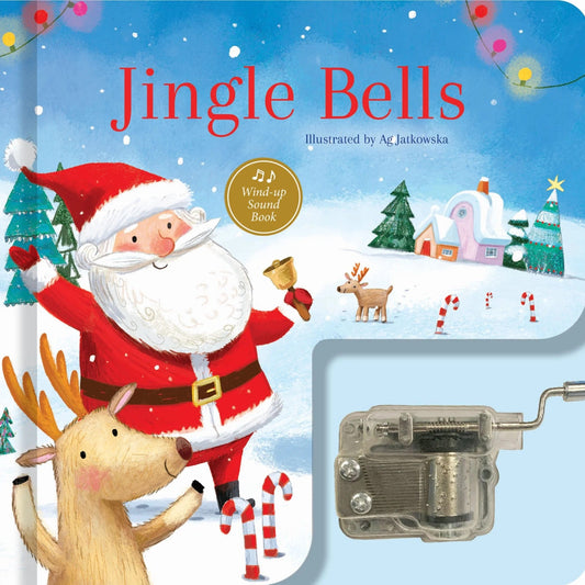 Book cover of 'Jingle Bells' with Santa Claus and reindeer, featuring a wind-up mechanism.