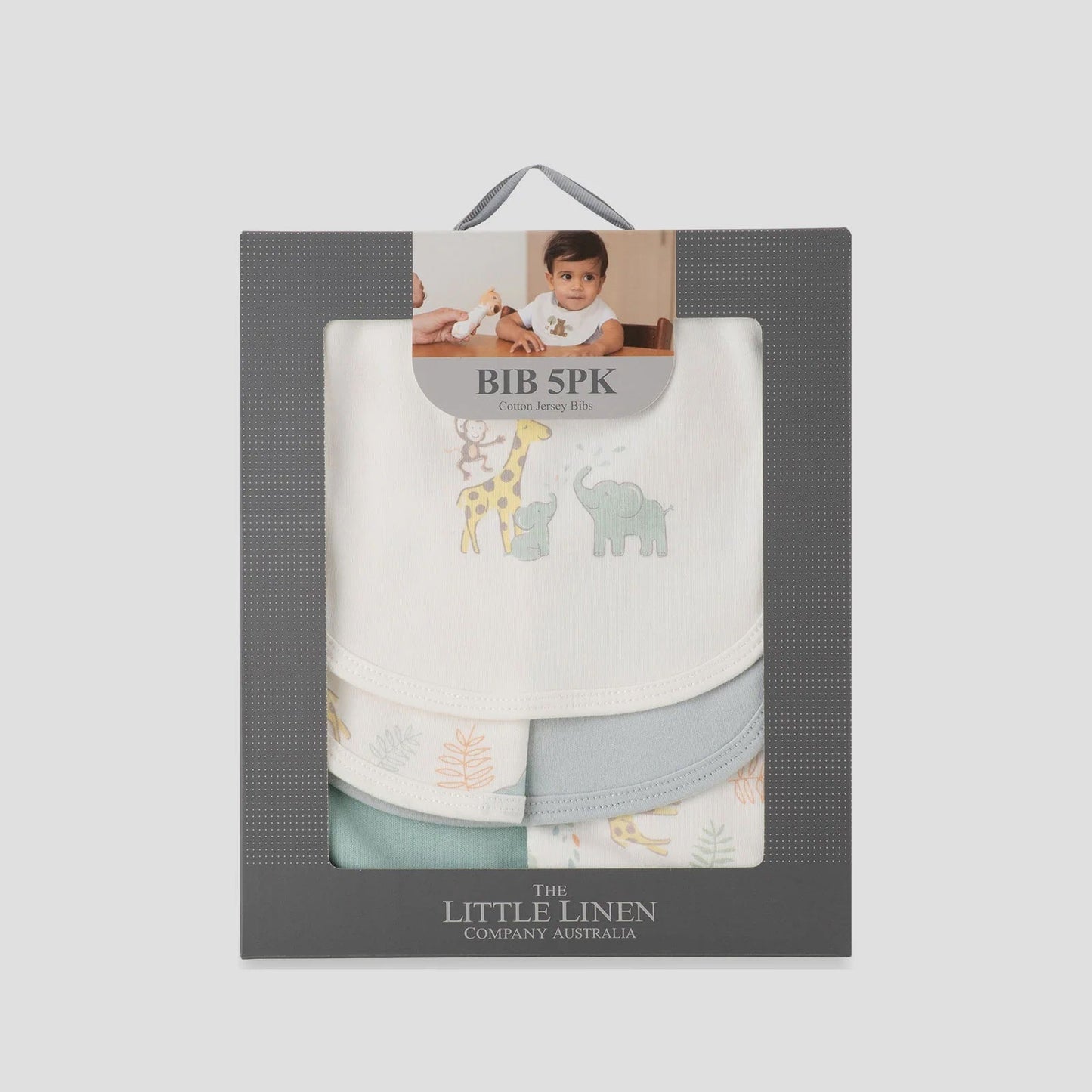 Pack of baby bibs in packaging with a child using one of the bibs on a light gray background