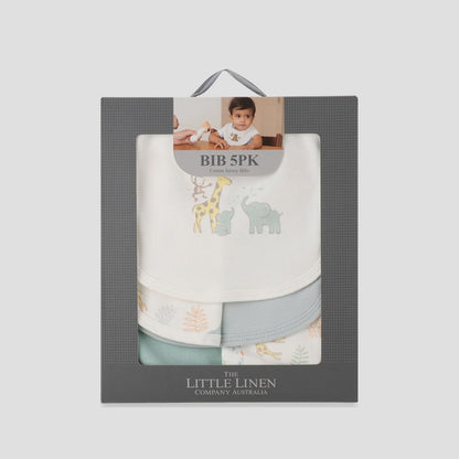 Pack of baby bibs in packaging with a child using one of the bibs on a light gray background