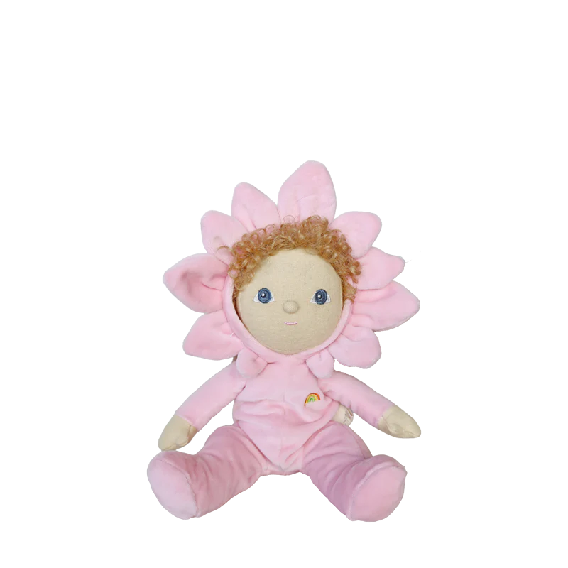 Pink plush toy with flower design on a white background