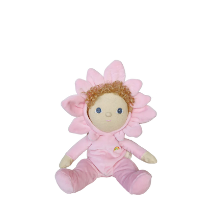 Pink plush toy with flower design on a white background