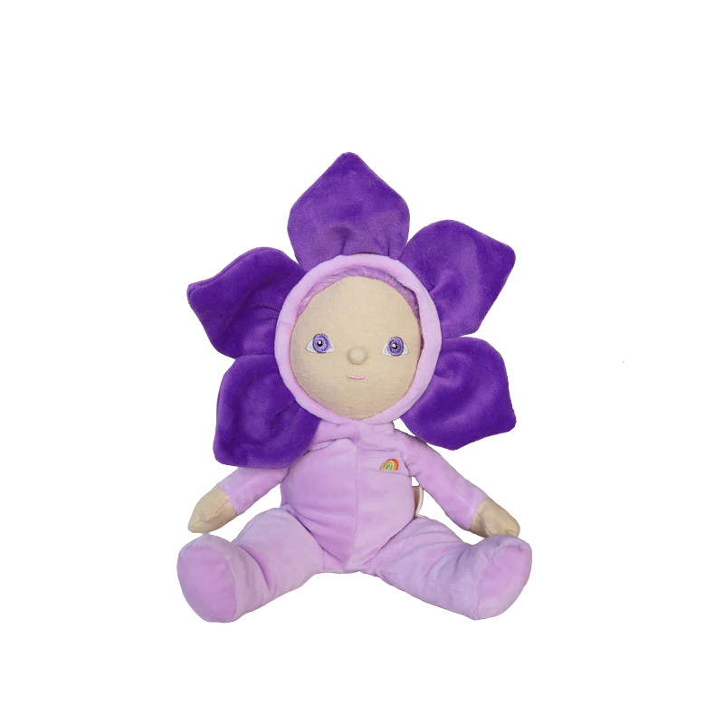 Purple plush toy with flower-like design on a white background