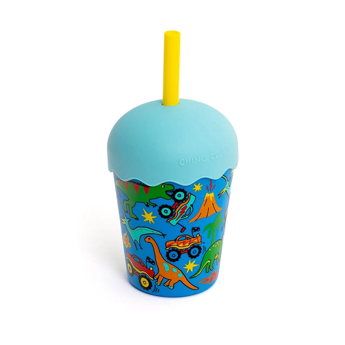 A children's silicone cup with a light blue lid and yellow straw, featuring a blue body decorated with colorful dinosaur and vehicle illustrations. The brand name 'CHNGO' is embossed on the side of the lid.
