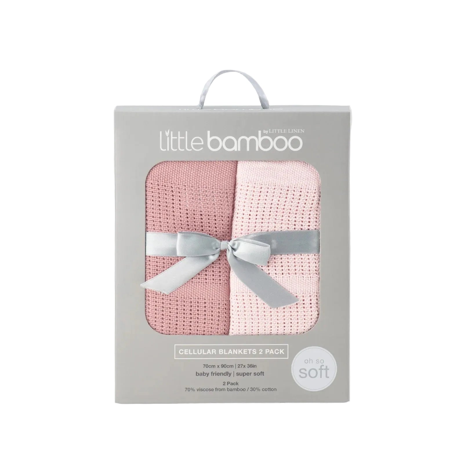 Packaged pink baby blanket with a ribbon in a 'little bamboo' box on a light gray background