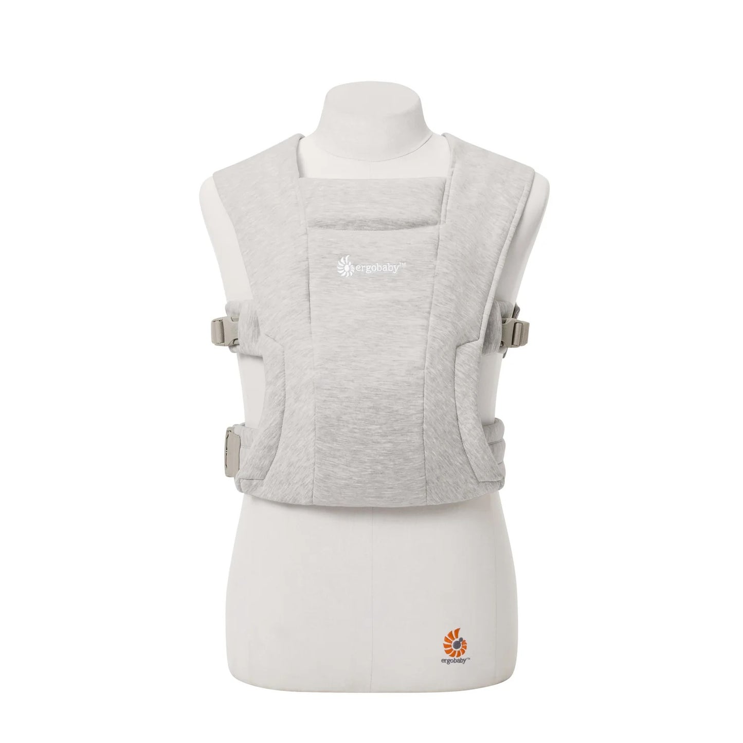 Gray baby carrier on a mannequin with a white background