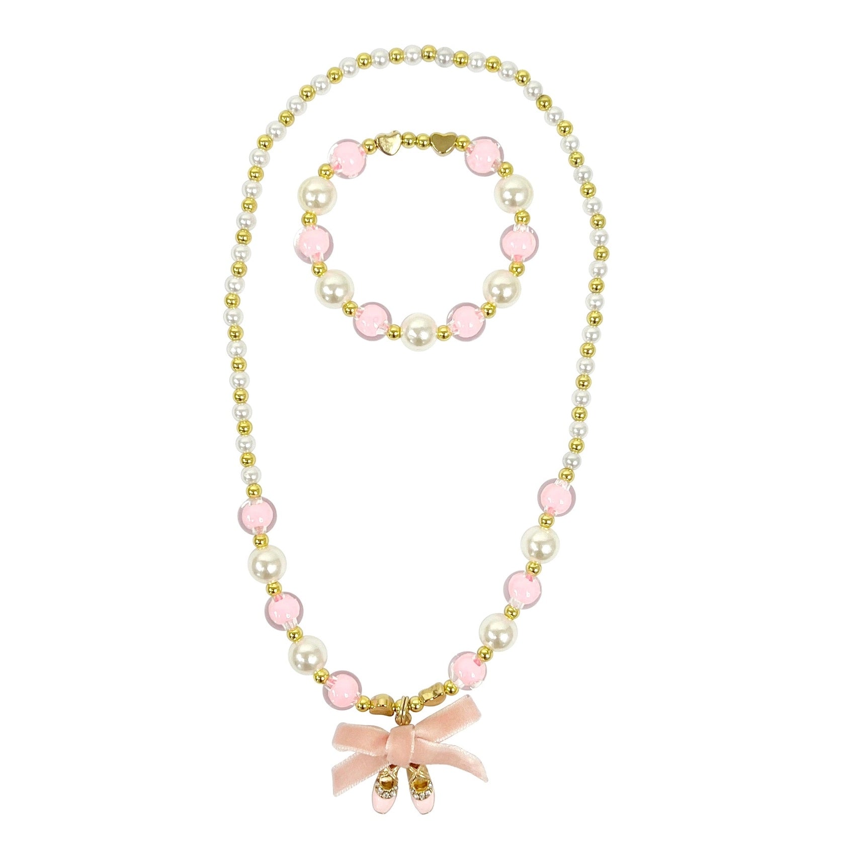 A matching pearl and pink bead necklace and bracelet set with gold-tone metal, featuring a pink ribbon bow charm on the necklace.